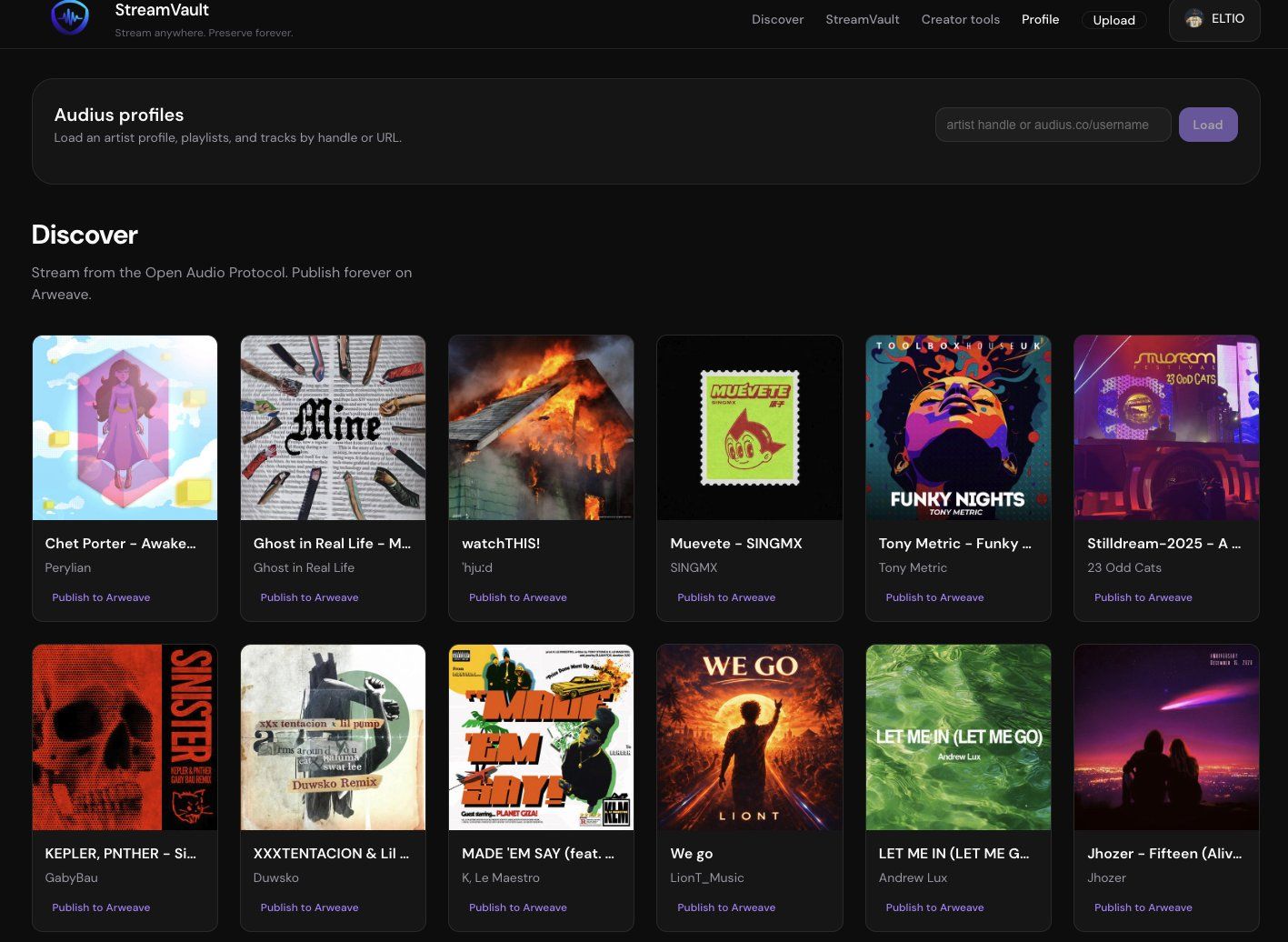 Screenshot of the StreamVault discovery page featuring a grid of music albums and Publish to Arweave options.